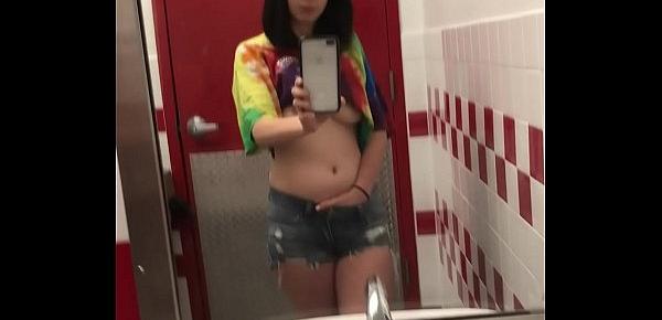 Playing with my tits in a Five Guys bathroom